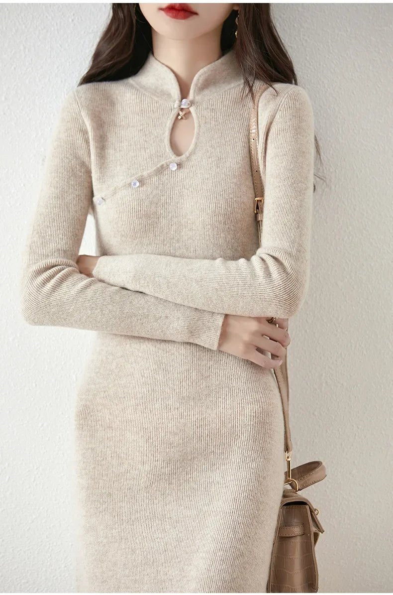 New Chinese Style Woolen Dress Women's Autumn Winter Vintage Cheongsam Bodycon Elegant Long Dress Modified Slimming Sweater Dres - PratSN