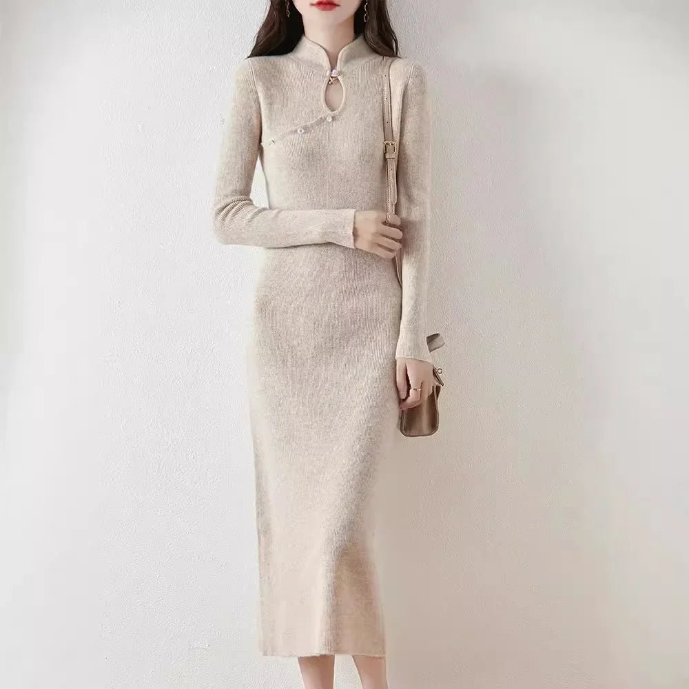 New Chinese Style Woolen Dress Women's Autumn Winter Vintage Cheongsam Bodycon Elegant Long Dress Modified Slimming Sweater Dres - PratSN