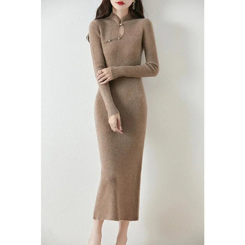 New Chinese Style Woolen Dress Women's Autumn Winter Vintage Cheongsam Bodycon Elegant Long Dress Modified Slimming Sweater Dres - PratSN