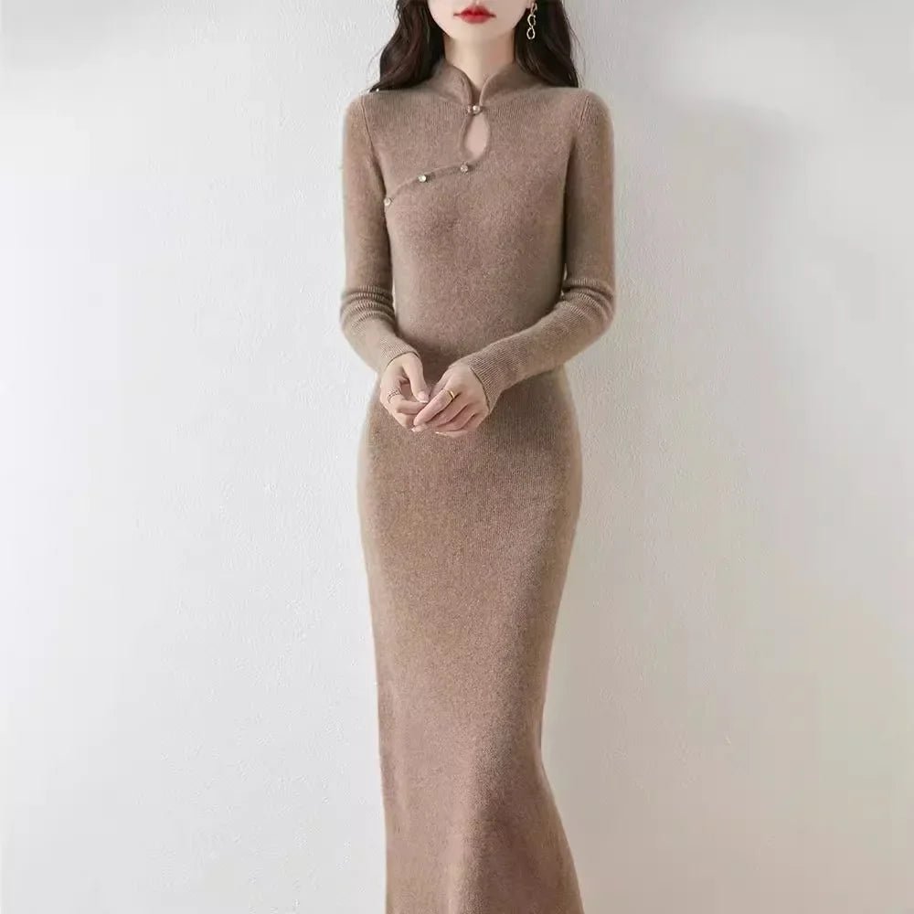 New Chinese Style Woolen Dress Women's Autumn Winter Vintage Cheongsam Bodycon Elegant Long Dress Modified Slimming Sweater Dres - PratSN