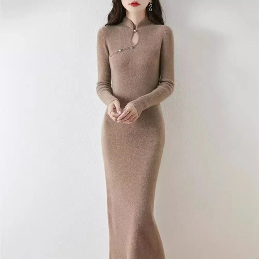New Chinese Style Woolen Dress Women's Autumn Winter Vintage Cheongsam Bodycon Elegant Long Dress Modified Slimming Sweater Dres - PratSN
