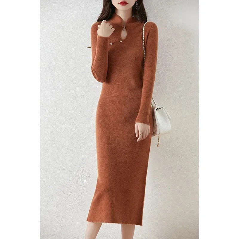 New Chinese Style Woolen Dress Women's Autumn Winter Vintage Cheongsam Bodycon Elegant Long Dress Modified Slimming Sweater Dres - PratSN