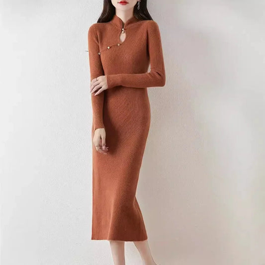New Chinese Style Woolen Dress Women's Autumn Winter Vintage Cheongsam Bodycon Elegant Long Dress Modified Slimming Sweater Dres - PratSN