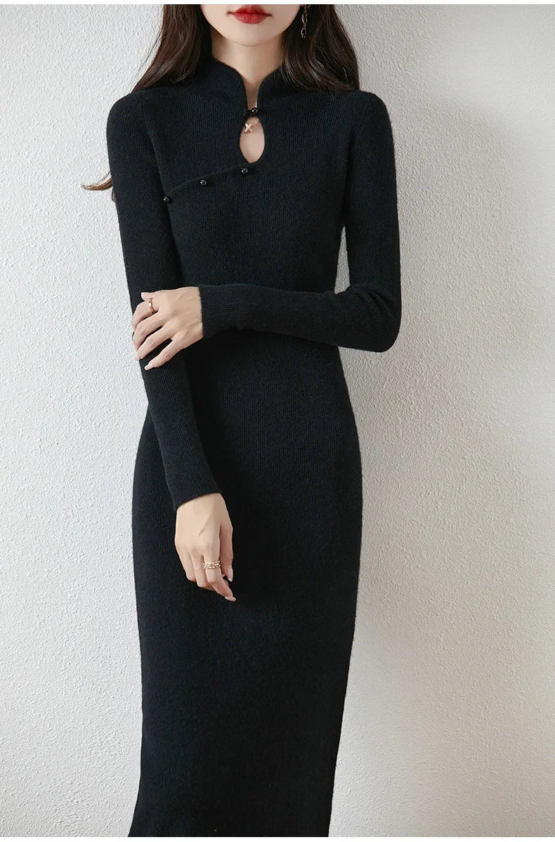 New Chinese Style Woolen Dress Women's Autumn Winter Vintage Cheongsam Bodycon Elegant Long Dress Modified Slimming Sweater Dres - PratSN