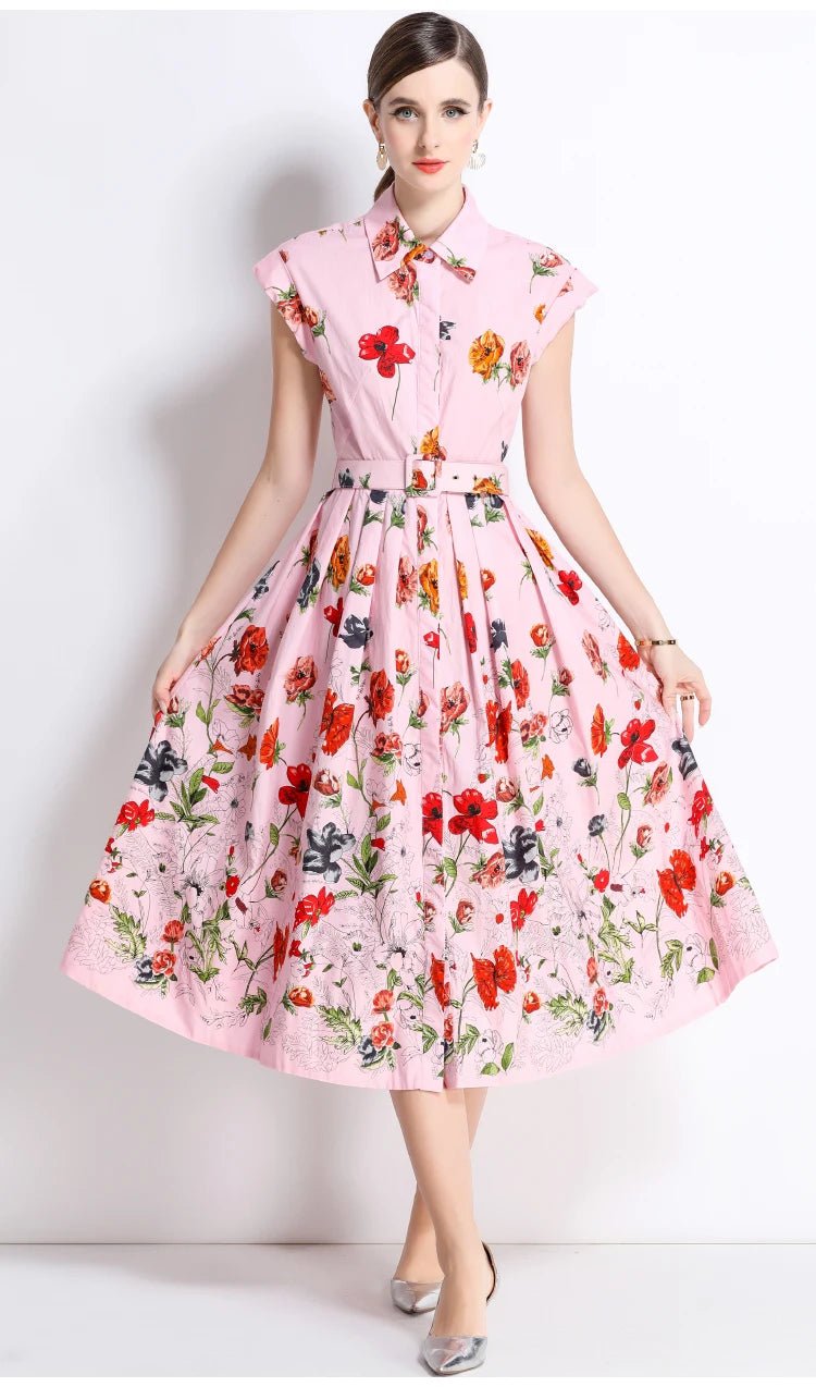 New Fashion Lapel Collar Shirt Printed Short Sleeved Mid Length Dress Women's Slim Waist 2025 Summer Long Dresses With Belt - PratSN