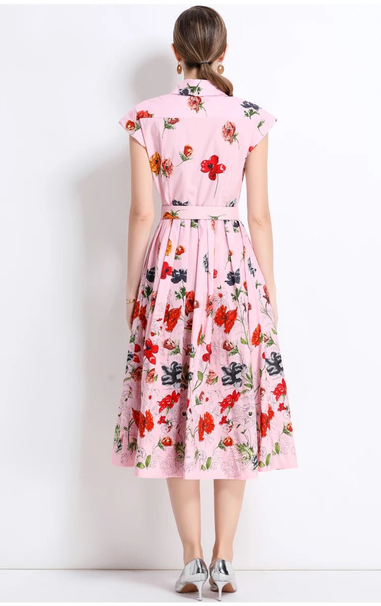New Fashion Lapel Collar Shirt Printed Short Sleeved Mid Length Dress Women's Slim Waist 2025 Summer Long Dresses With Belt - PratSN