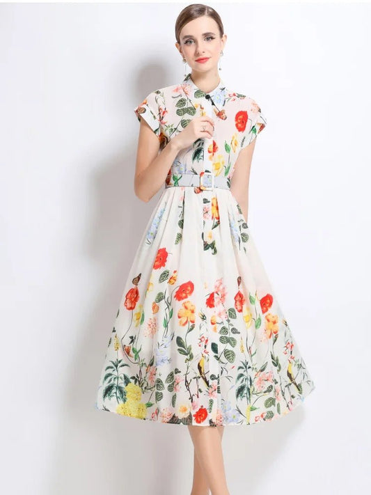 New Fashion Lapel Collar Shirt Printed Short Sleeved Mid Length Dress Women's Slim Waist 2025 Summer Long Dresses With Belt - PratSN