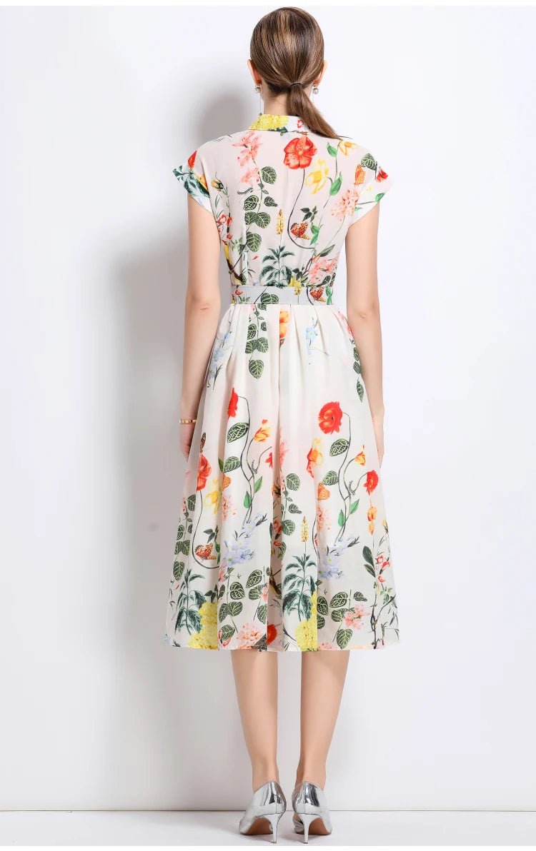 New Fashion Lapel Collar Shirt Printed Short Sleeved Mid Length Dress Women's Slim Waist 2025 Summer Long Dresses With Belt - PratSN