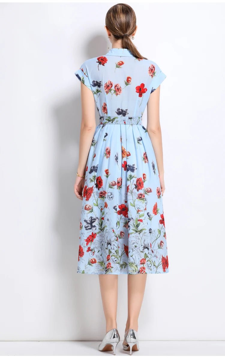 New Fashion Lapel Collar Shirt Printed Short Sleeved Mid Length Dress Women's Slim Waist 2025 Summer Long Dresses With Belt - PratSN