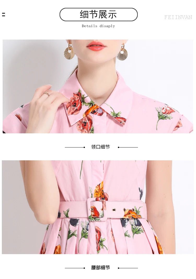 New Fashion Lapel Collar Shirt Printed Short Sleeved Mid Length Dress Women's Slim Waist 2025 Summer Long Dresses With Belt - PratSN