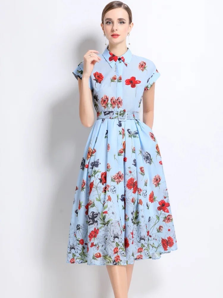 New Fashion Lapel Collar Shirt Printed Short Sleeved Mid Length Dress Women's Slim Waist 2025 Summer Long Dresses With Belt - PratSN