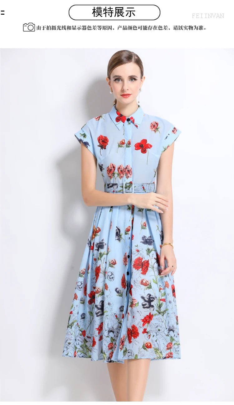 New Fashion Lapel Collar Shirt Printed Short Sleeved Mid Length Dress Women's Slim Waist 2025 Summer Long Dresses With Belt - PratSN