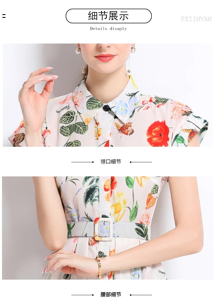 New Fashion Lapel Collar Shirt Printed Short Sleeved Mid Length Dress Women's Slim Waist 2025 Summer Long Dresses With Belt - PratSN