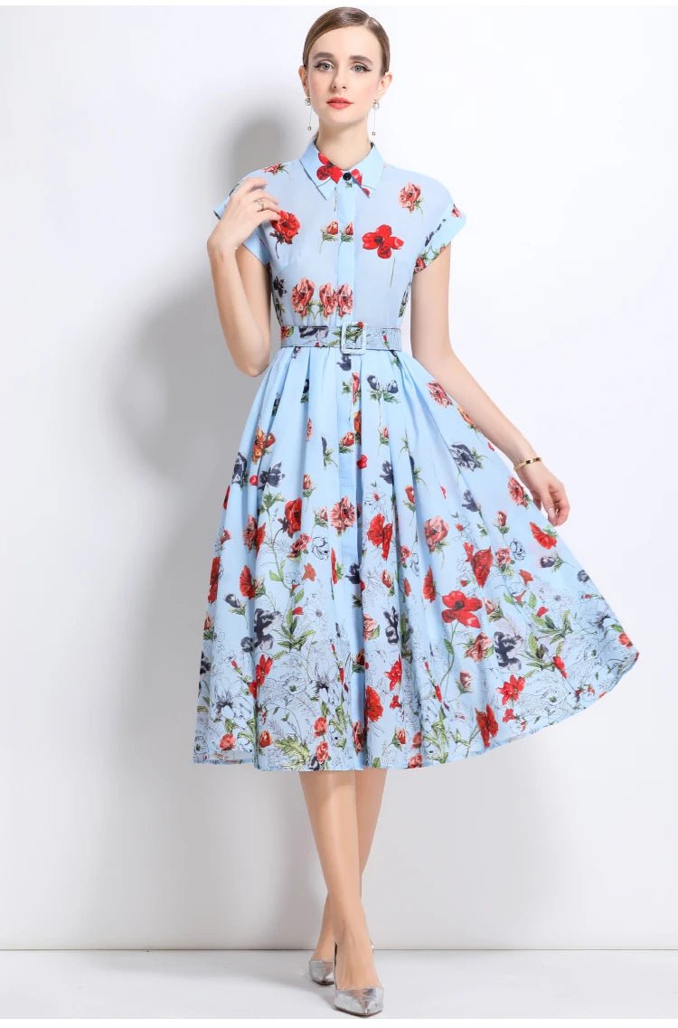 New Fashion Lapel Collar Shirt Printed Short Sleeved Mid Length Dress Women's Slim Waist 2025 Summer Long Dresses With Belt - PratSN