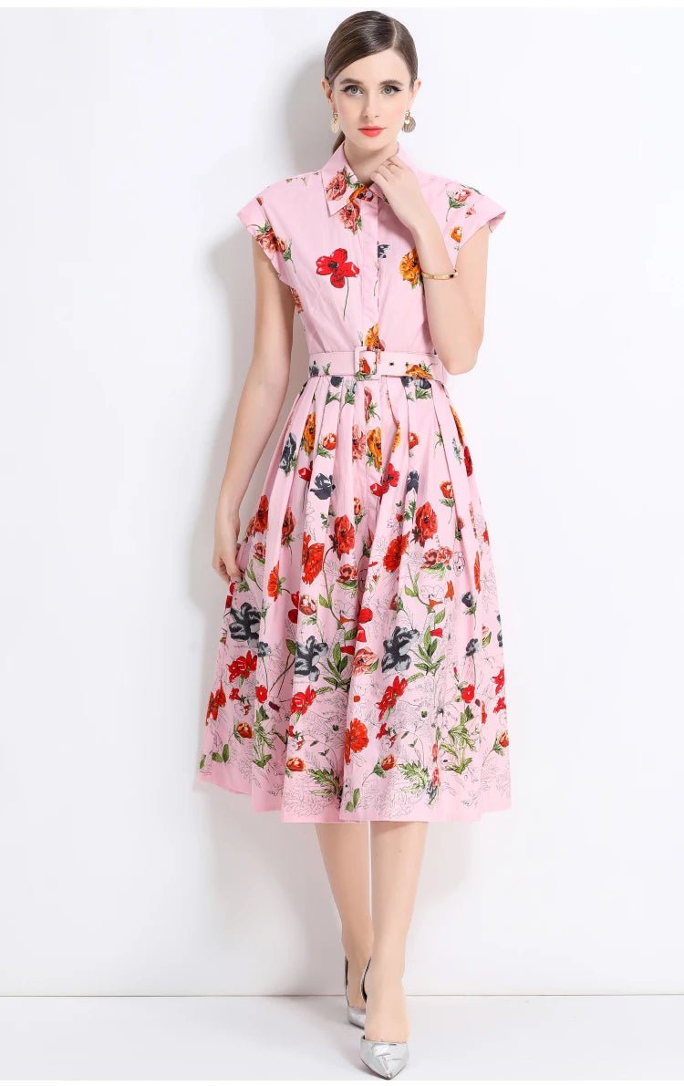 New Fashion Lapel Collar Shirt Printed Short Sleeved Mid Length Dress Women's Slim Waist 2025 Summer Long Dresses With Belt - PratSN