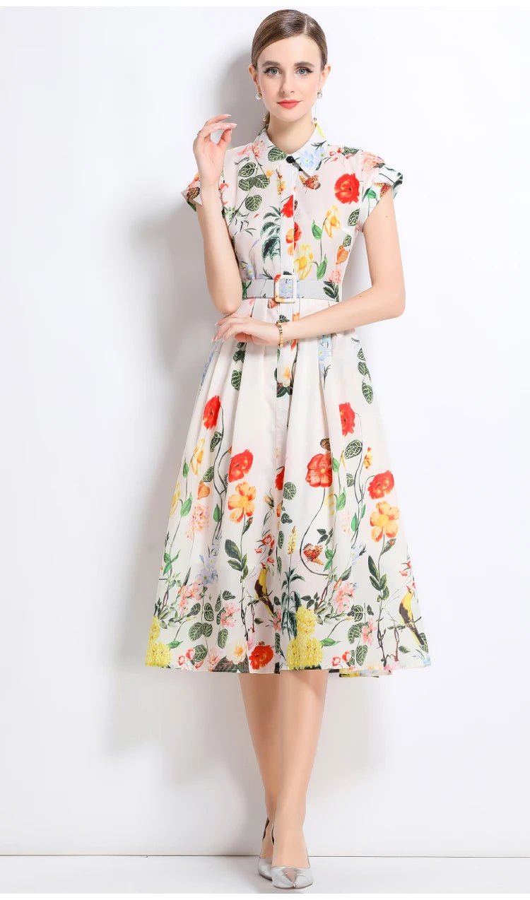 New Fashion Lapel Collar Shirt Printed Short Sleeved Mid Length Dress Women's Slim Waist 2025 Summer Long Dresses With Belt - PratSN