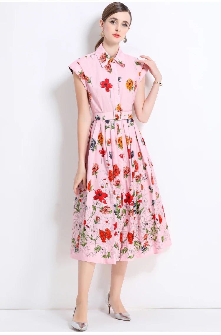New Fashion Lapel Collar Shirt Printed Short Sleeved Mid Length Dress Women's Slim Waist 2025 Summer Long Dresses With Belt - PratSN