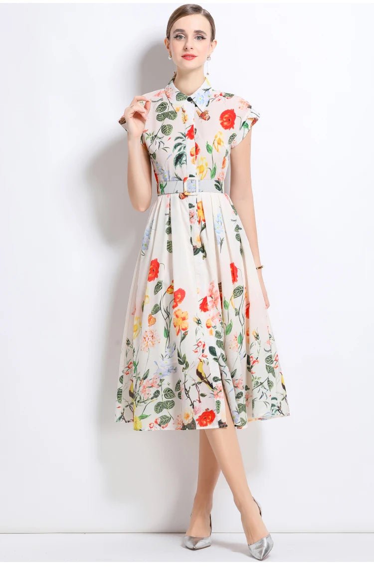 New Fashion Lapel Collar Shirt Printed Short Sleeved Mid Length Dress Women's Slim Waist 2025 Summer Long Dresses With Belt - PratSN
