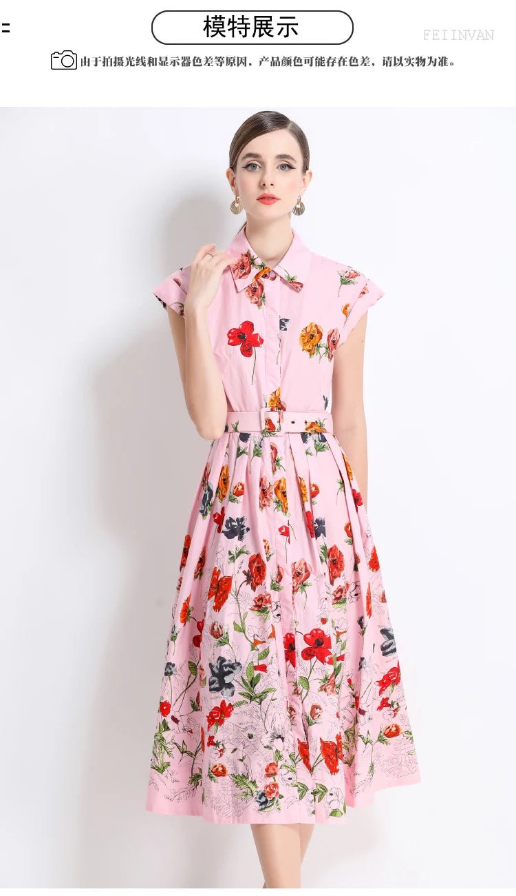 New Fashion Lapel Collar Shirt Printed Short Sleeved Mid Length Dress Women's Slim Waist 2025 Summer Long Dresses With Belt - PratSN