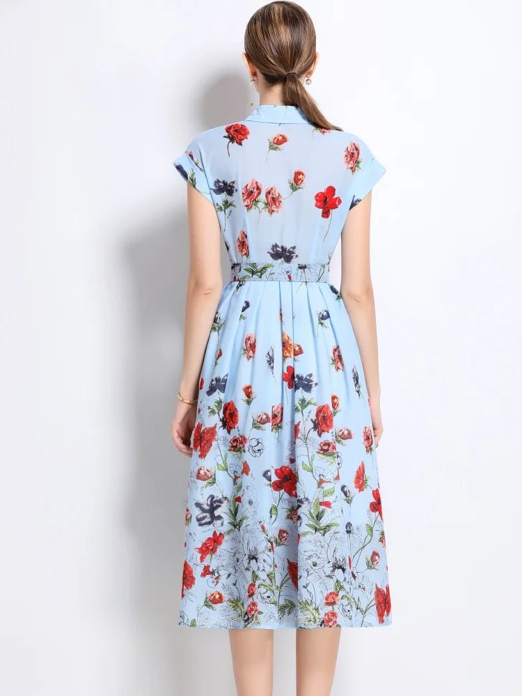 New Fashion Lapel Collar Shirt Printed Short Sleeved Mid Length Dress Women's Slim Waist 2025 Summer Long Dresses With Belt - PratSN