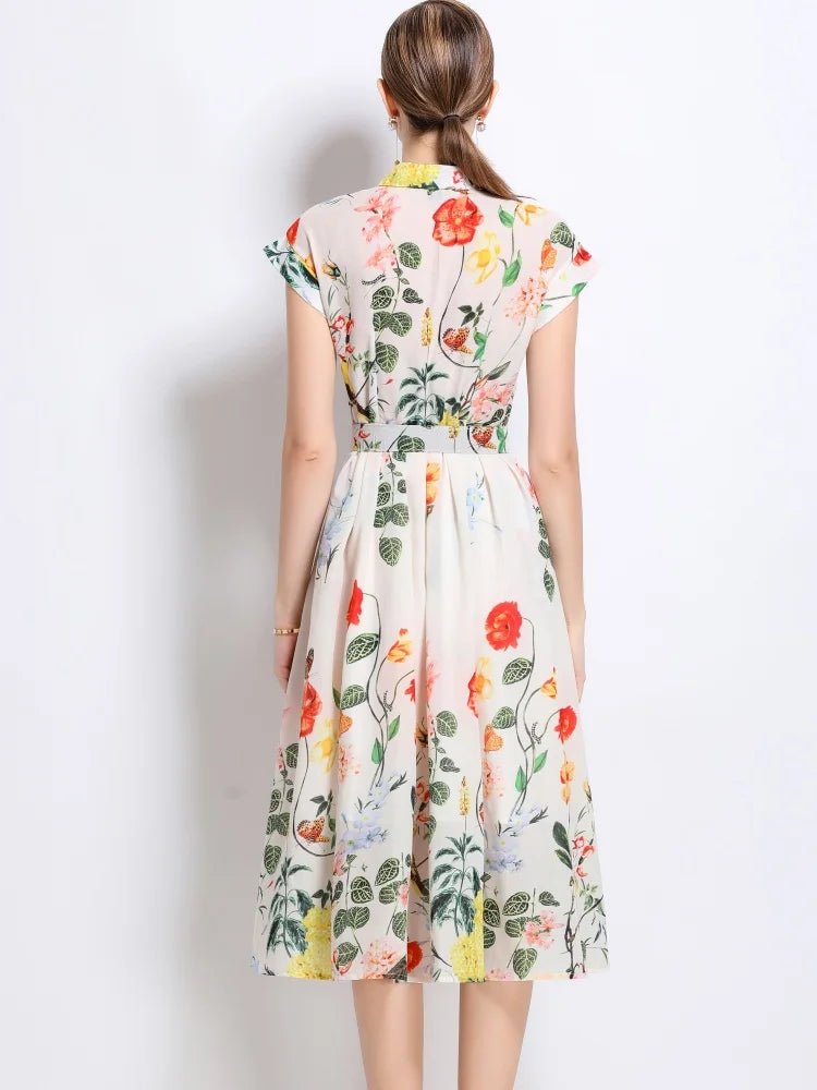 New Fashion Lapel Collar Shirt Printed Short Sleeved Mid Length Dress Women's Slim Waist 2025 Summer Long Dresses With Belt - PratSN