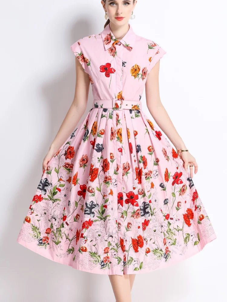 New Fashion Lapel Collar Shirt Printed Short Sleeved Mid Length Dress Women's Slim Waist 2025 Summer Long Dresses With Belt - PratSN
