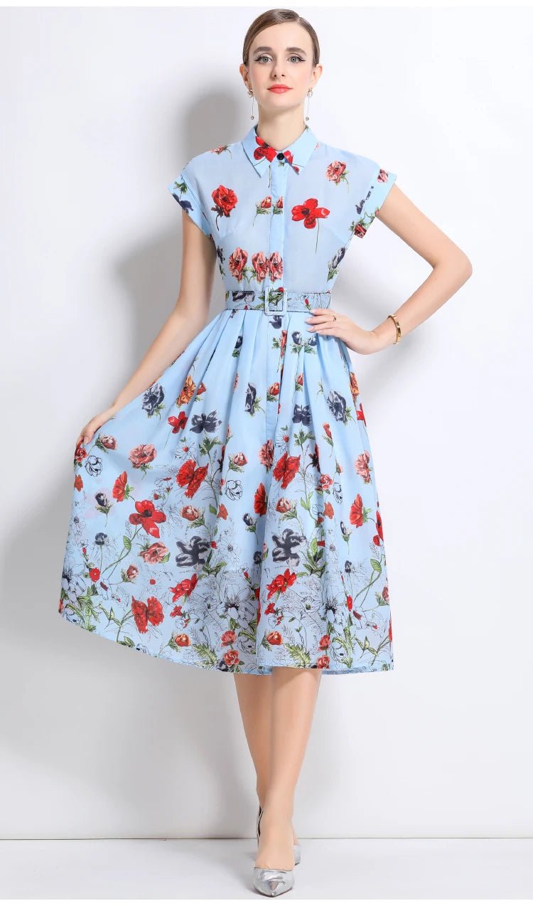 New Fashion Lapel Collar Shirt Printed Short Sleeved Mid Length Dress Women's Slim Waist 2025 Summer Long Dresses With Belt - PratSN