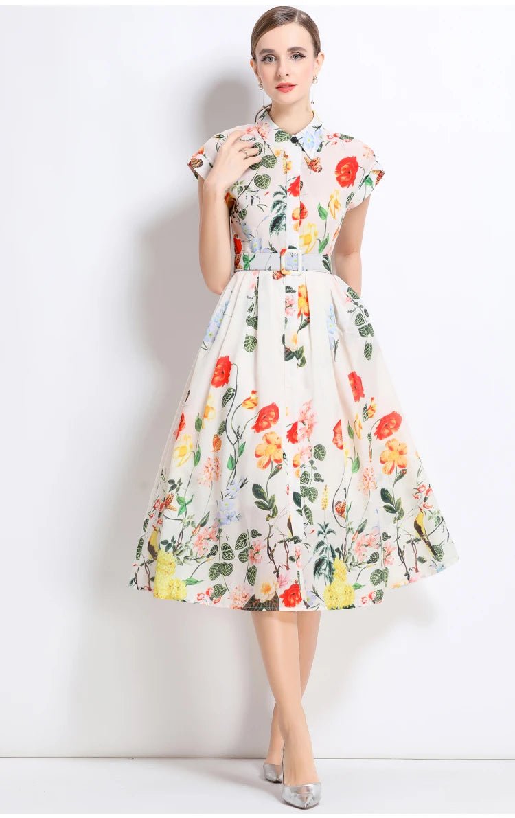 New Fashion Lapel Collar Shirt Printed Short Sleeved Mid Length Dress Women's Slim Waist 2025 Summer Long Dresses With Belt - PratSN