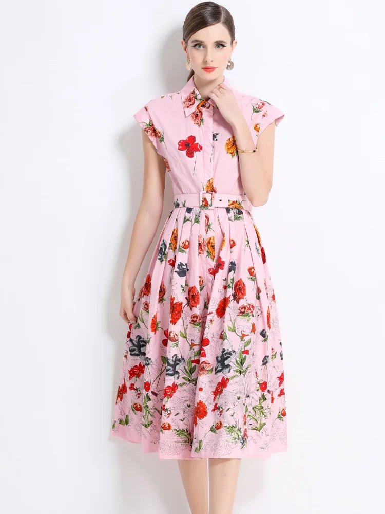 New Fashion Lapel Collar Shirt Printed Short Sleeved Mid Length Dress Women's Slim Waist 2025 Summer Long Dresses With Belt - PratSN