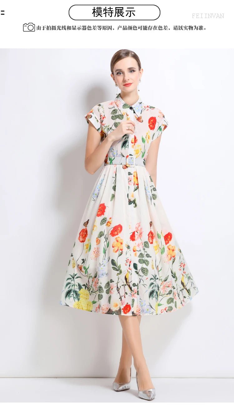 New Fashion Lapel Collar Shirt Printed Short Sleeved Mid Length Dress Women's Slim Waist 2025 Summer Long Dresses With Belt - PratSN