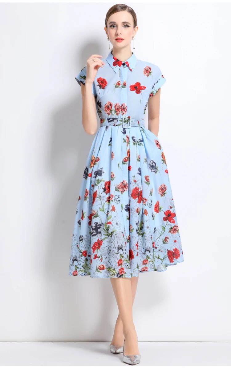 New Fashion Lapel Collar Shirt Printed Short Sleeved Mid Length Dress Women's Slim Waist 2025 Summer Long Dresses With Belt - PratSN
