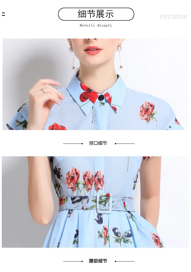 New Fashion Lapel Collar Shirt Printed Short Sleeved Mid Length Dress Women's Slim Waist 2025 Summer Long Dresses With Belt - PratSN