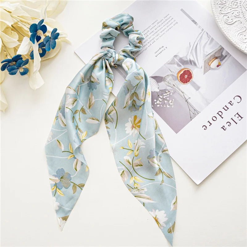 New Fashion Satin Flower Elastic Long Ribbon Hair Bands Ponytail Scarf Hair Tie Women Scrunchies Hair Accessories - PratSN