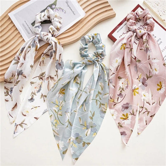 New Fashion Satin Flower Elastic Long Ribbon Hair Bands Ponytail Scarf Hair Tie Women Scrunchies Hair Accessories Headwear - PratSN