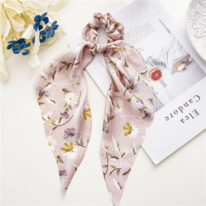 New Fashion Satin Flower Elastic Long Ribbon Hair Bands Ponytail Scarf Hair Tie Women Scrunchies Hair Accessories Headwear - PratSN