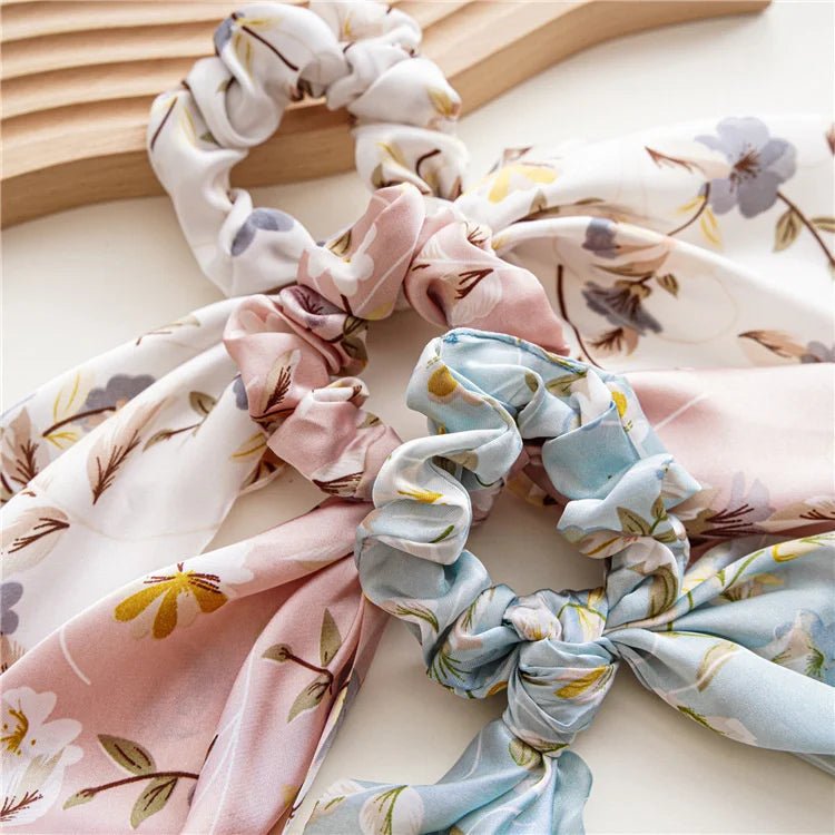 New Fashion Satin Flower Elastic Long Ribbon Hair Bands Ponytail Scarf Hair Tie Women Scrunchies Hair Accessories Headwear - PratSN