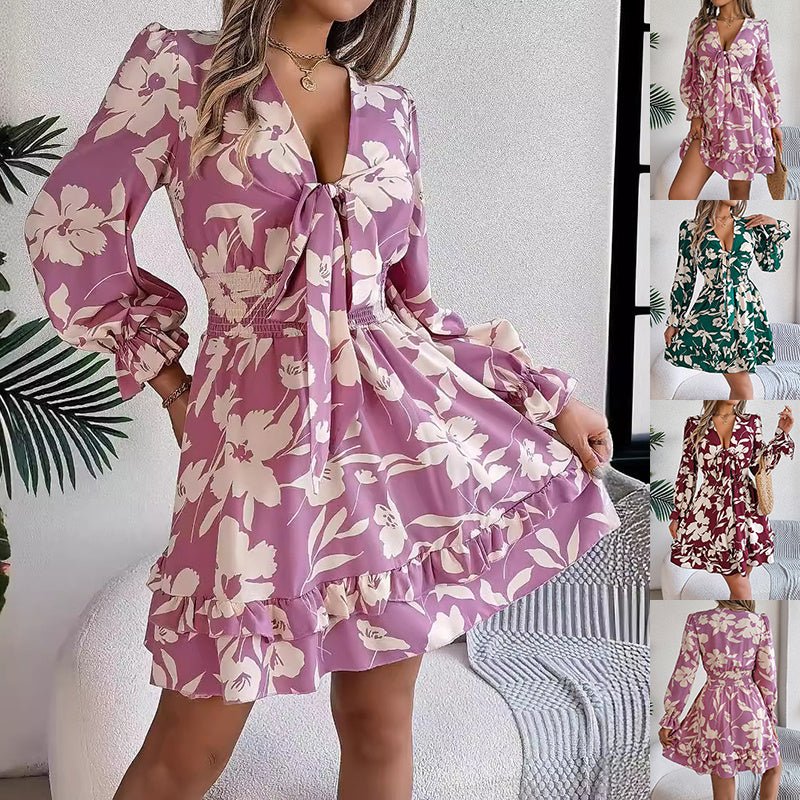 New Floral Printed V - Neck Long Sleeve Dress Fashion Ruffles Bowknot A - Line Short Dress Women's Clothing - PratSN