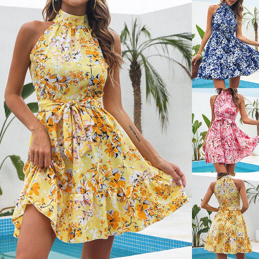 New Flowers Print Halterneck Dress Summer Fashion Temperament Lace - up Ruffled Dresses For Women - PratSN