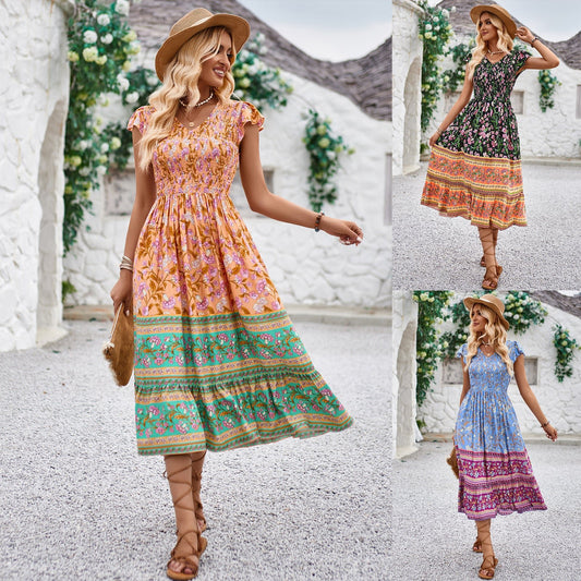 New Flowers Print V - neck Dress Summer - PratSN