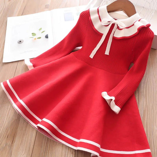 New girl baby sweater knitted dress children warm Sweater dress for girls infant casual pure color Pleated princess dress - PratSN