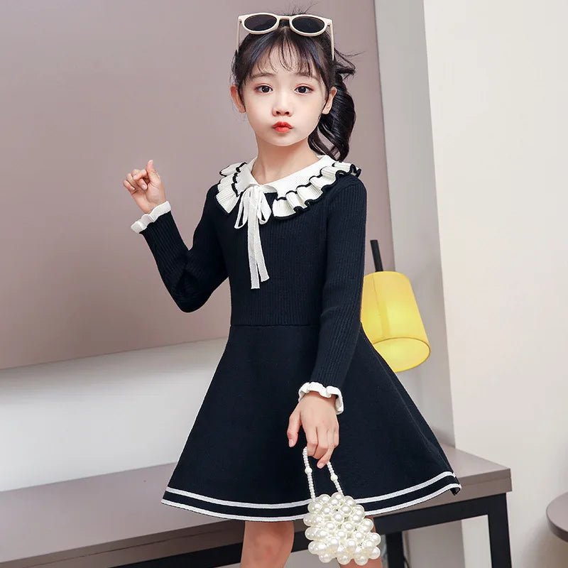 New girl baby sweater knitted dress children warm Sweater dress for girls infant casual pure color Pleated princess dress - PratSN
