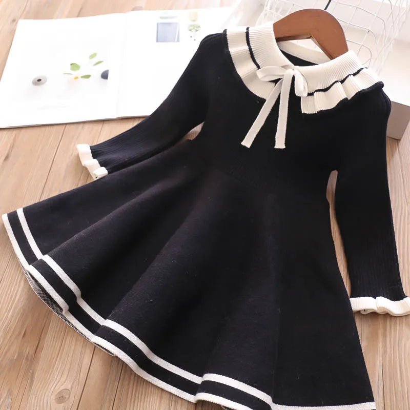 New girl baby sweater knitted dress children warm Sweater dress for girls infant casual pure color Pleated princess dress - PratSN