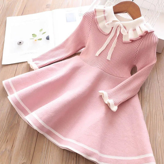 New girl baby sweater knitted dress children warm Sweater dress for girls infant casual pure color Pleated princess dress - PratSN
