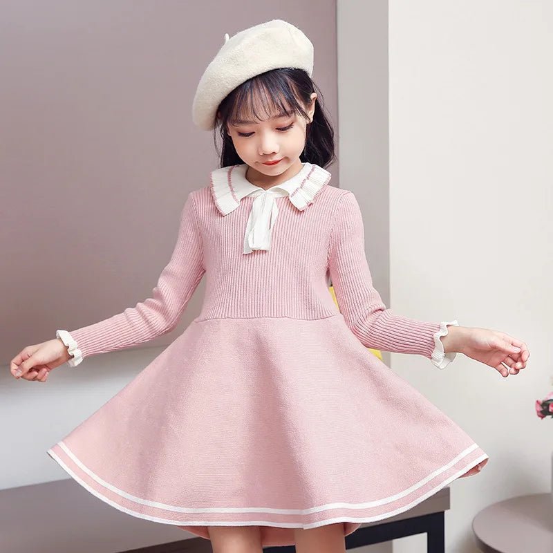 New girl baby sweater knitted dress children warm Sweater dress for girls infant casual pure color Pleated princess dress - PratSN