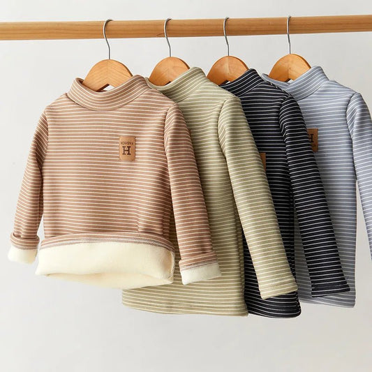 New Girls Padded Bottoming Shirt Boys Striped Turtleneck Jumper Autumn Winter Children Warm Fashion Casual Long - Sleeved Sweater - PratSN