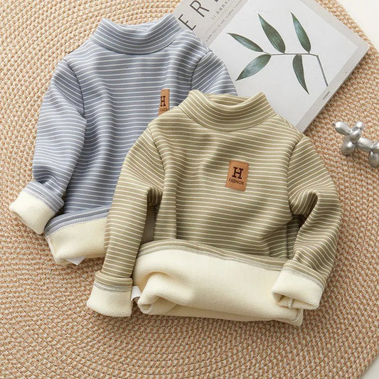 New Girls Padded Bottoming Shirt Boys Striped Turtleneck Jumper Autumn Winter Children Warm Fashion Casual Long - Sleeved Sweater - PratSN