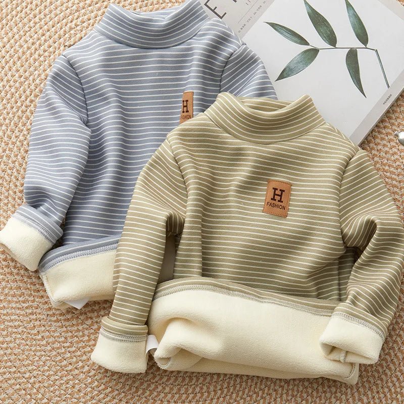 New Girls Padded Bottoming Shirt Boys Striped Turtleneck Jumper Autumn Winter Children Warm Fashion Casual Long - Sleeved Sweater - PratSN