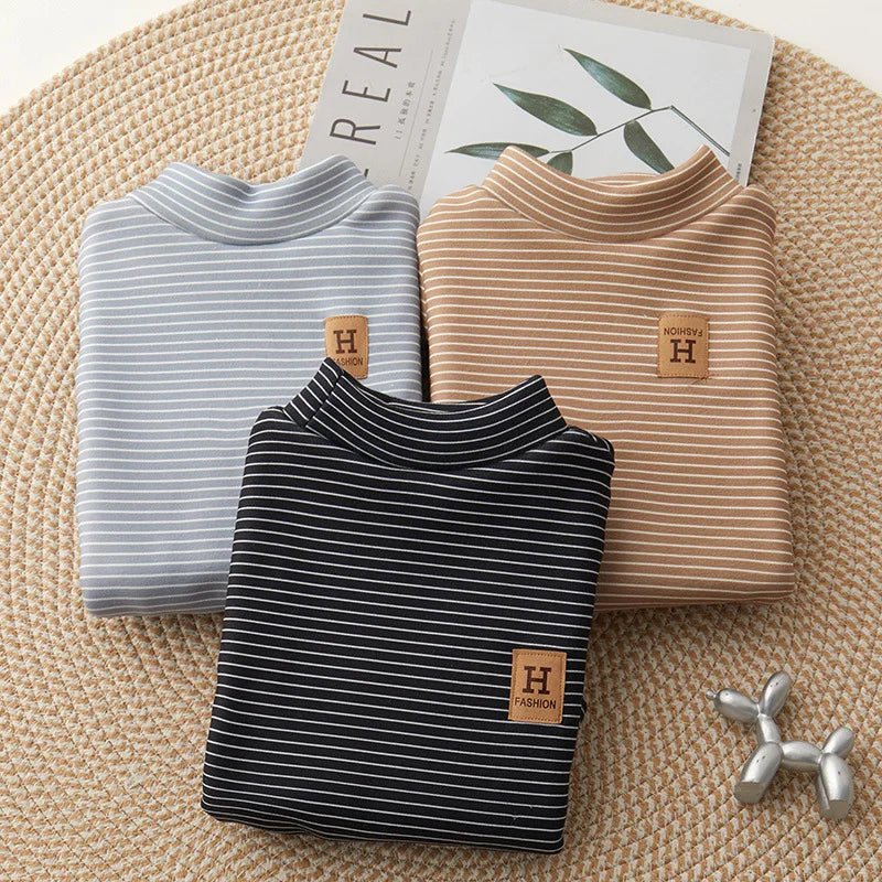 New Girls Padded Bottoming Shirt Boys Striped Turtleneck Jumper Autumn Winter Children Warm Fashion Casual Long - Sleeved Sweater - PratSN