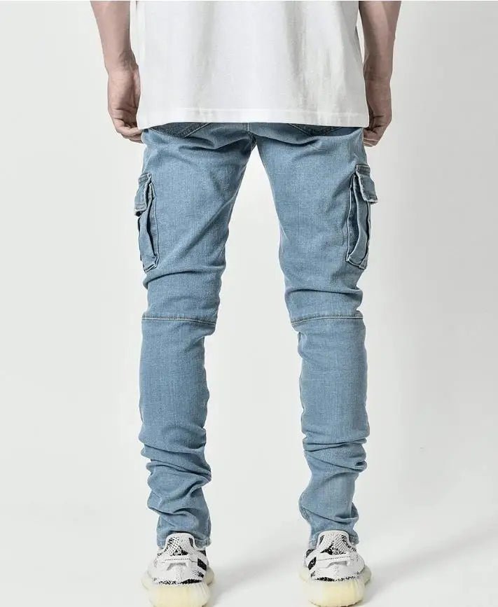 new Jeans Men Pants Wash Solid Color Multi Pockets Denim Mid Waist Cargo Jeans Plus Size Fahsion Casual Trousers Male Daily Wear - PratSN