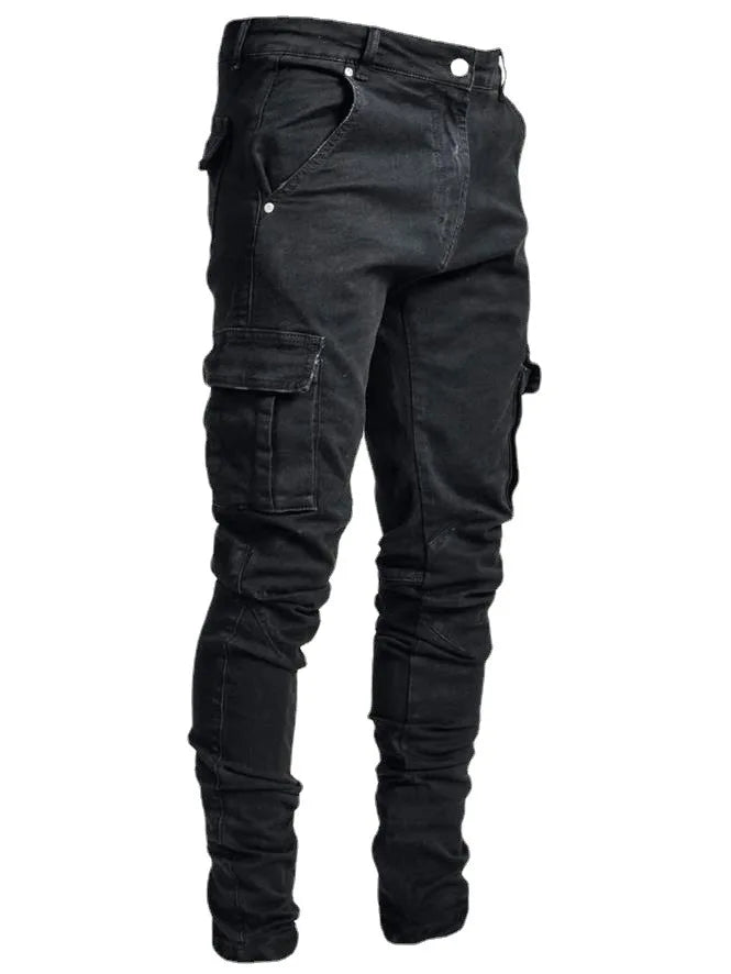 new Jeans Men Pants Wash Solid Color Multi Pockets Denim Mid Waist Cargo Jeans Plus Size Fahsion Casual Trousers Male Daily Wear - PratSN